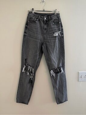 American Eagle | Mom Jeans in Dark Gray Wash, Factory Distressed High Waisted 0